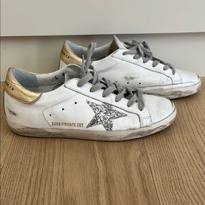 Golden Goose White and Gold Sneakers with Silver Star
